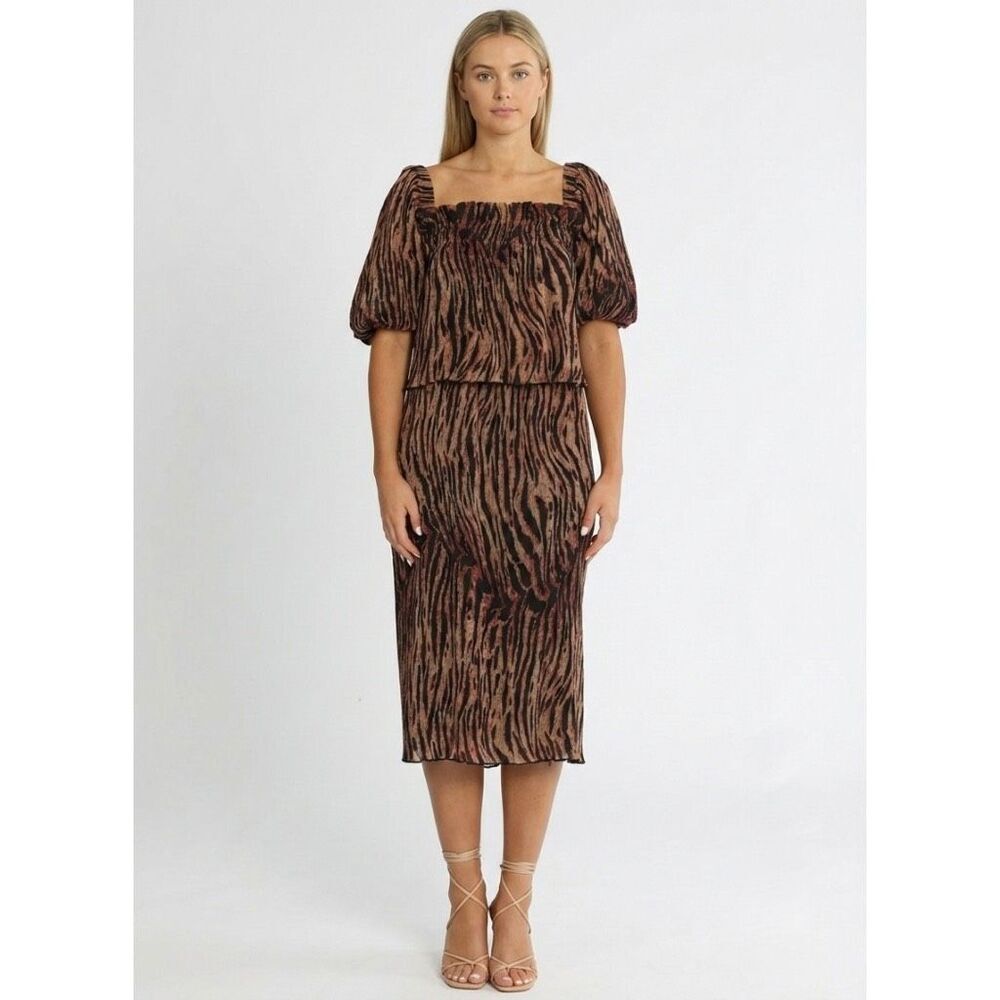 GANNI Tiger Stripe Dress Smocked Midi 34 Pleated Georgette Puff Sleeve 0/2